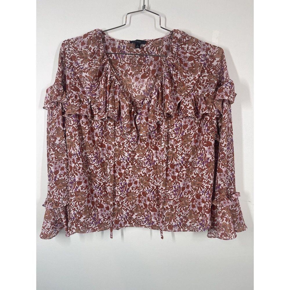 J Crew Women's Ruffle Crinkle Chiffon Top In Pink And Orange Petite Floral Sz L